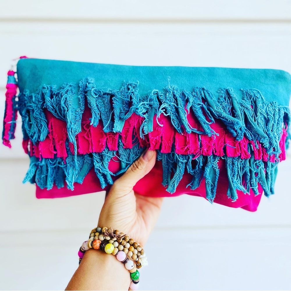 NEW Denim Fuchsia and Teal Fringe Clutch.